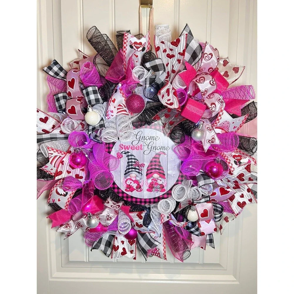 Handmade Valentine’s Gnome Sweet Gnome Ribbon Prelit Wreath 22 ins LED W17